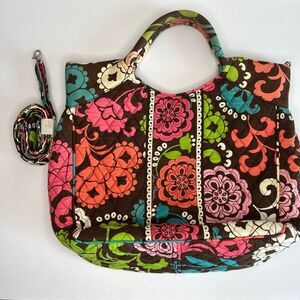 Vera Bradley Tote Bag With Crossbody Strap Lola Pattern Brown Pink Green Red